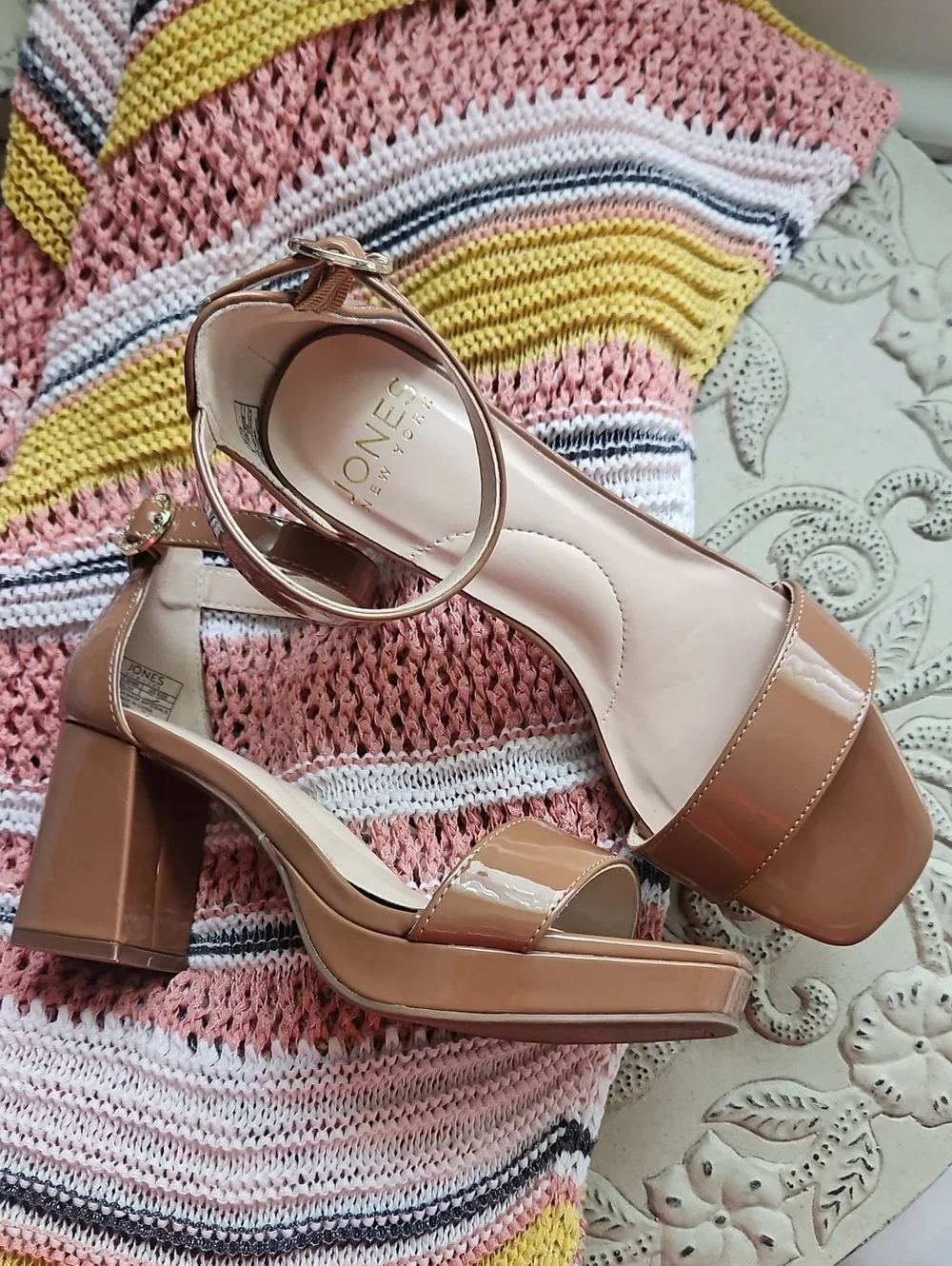 Jones New York Patent Nude Block Heel Sandals with Ankle Strap